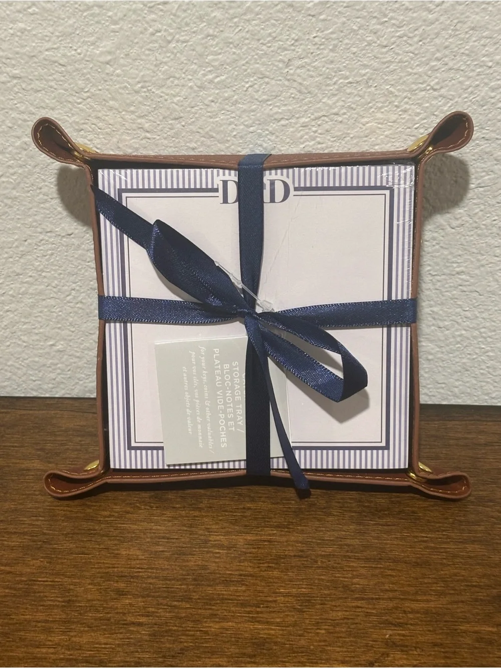 Monogrammed Dad Notepad with Faux Leather Catchall Tray with Navy Ribbon
